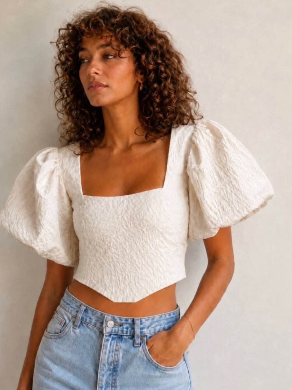 NWT Zara | Textured Corset Square Neck Puff Sleeve Top in Cream | Size	Small
